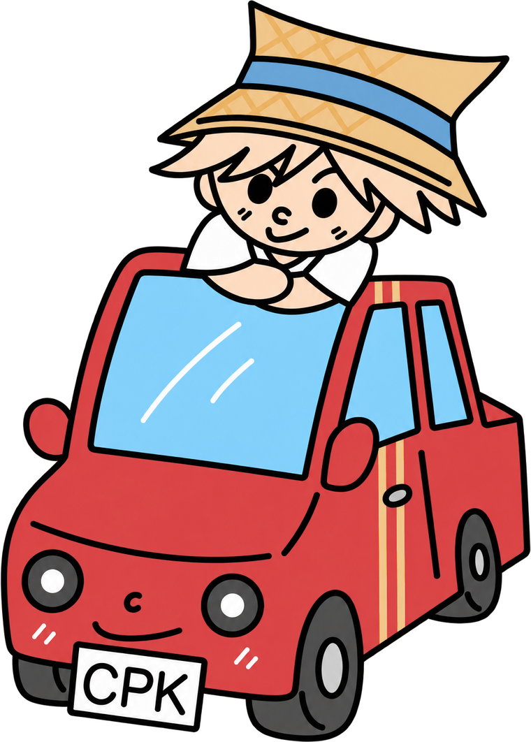 カーパーツ小泉のキャラクター、赤い車に乗った麦わら帽子の男の子