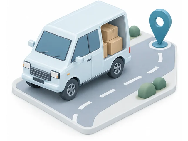 部品を積んで走る白い配送車のイラスト